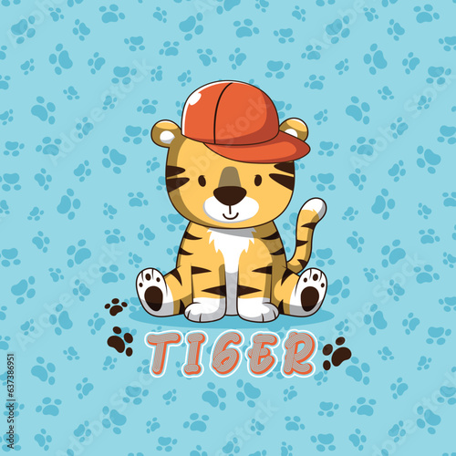 Cool tiger vector illustration with footprints background