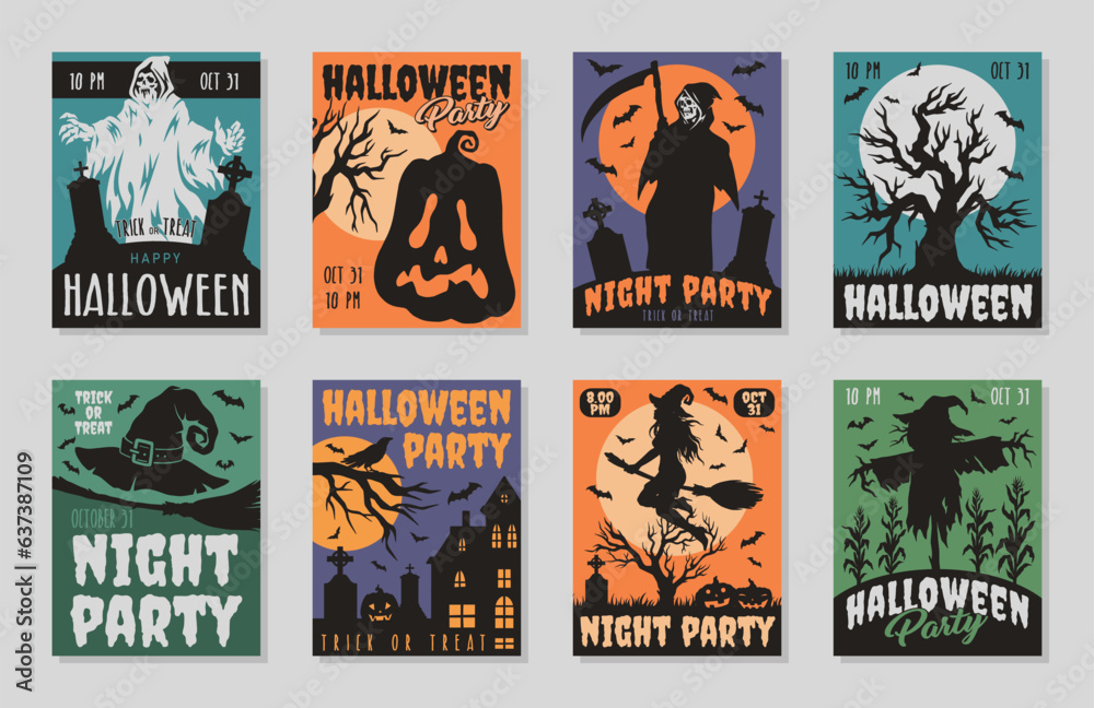 Happy Halloween set flyers colorful