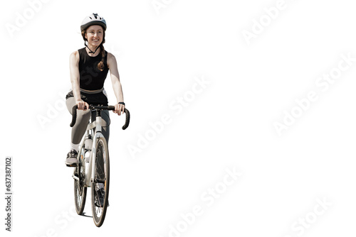 A female athlete in a helmet walking a full-length bicycle, a happy person training fitness cardio. Transparent background, png.