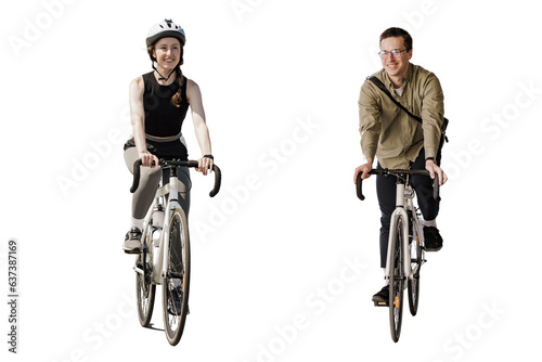 Fototapeta Naklejka Na Ścianę i Meble -  A woman and a man walking on bicycles in full growth, happy people training fitness cardio.  Transparent background, png.