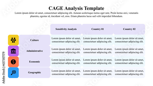 Infographic presentation template of CAGE analysis template with icon and text space.