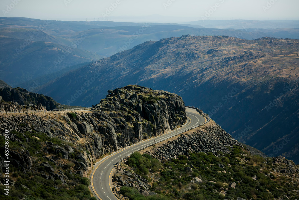 Winding serpentine road in the mountains of the Serra da Estrela or Star Mountain Range in Portugal.