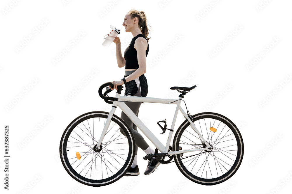 A woman training in sportswear is a full-length cyclist. Riding an ecotransport fitness in the city. A white bicycle. Transparent background, png. A woman training in sportswear is a full-length cyclist. Riding an ecotransport fitness in the city. A white bicycle. Transparent background, png.
