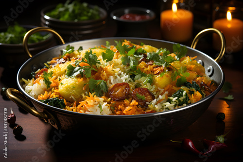 Egg Biryani Indian Appetizer served on colourful bowl plate