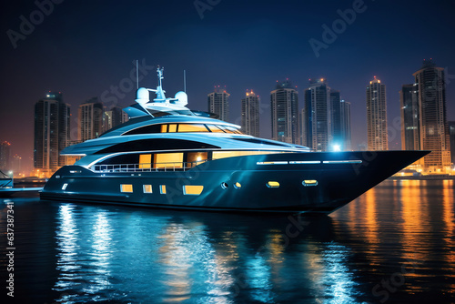 Wallpaper Mural Night view to large illuminated white boat located over horizon, colorful lights coming from yacht reflect on the surface of the sea. Torontodigital.ca