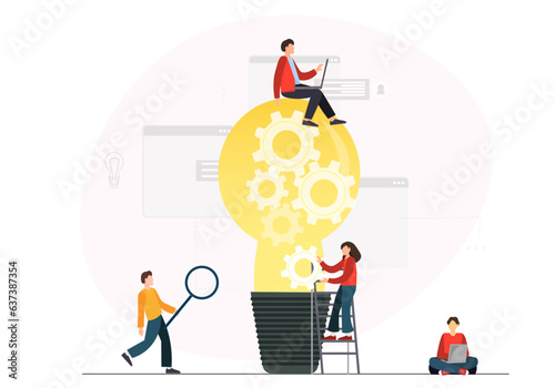 Team working together, finding new ideas, analyzing information, searching for new solutions, teambuilding concept, flat vector illustration
