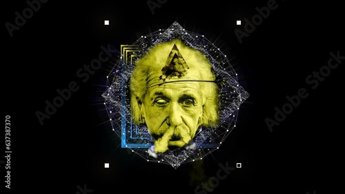Motion Designed Einstein face animation effect on black motion background vj loop (ID: 637387370)