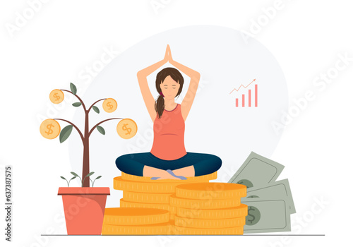 Woman meditates on earning money, financial wealth, money or financial mindset, success investment and savings or attitude to grow business, flat vector illustration