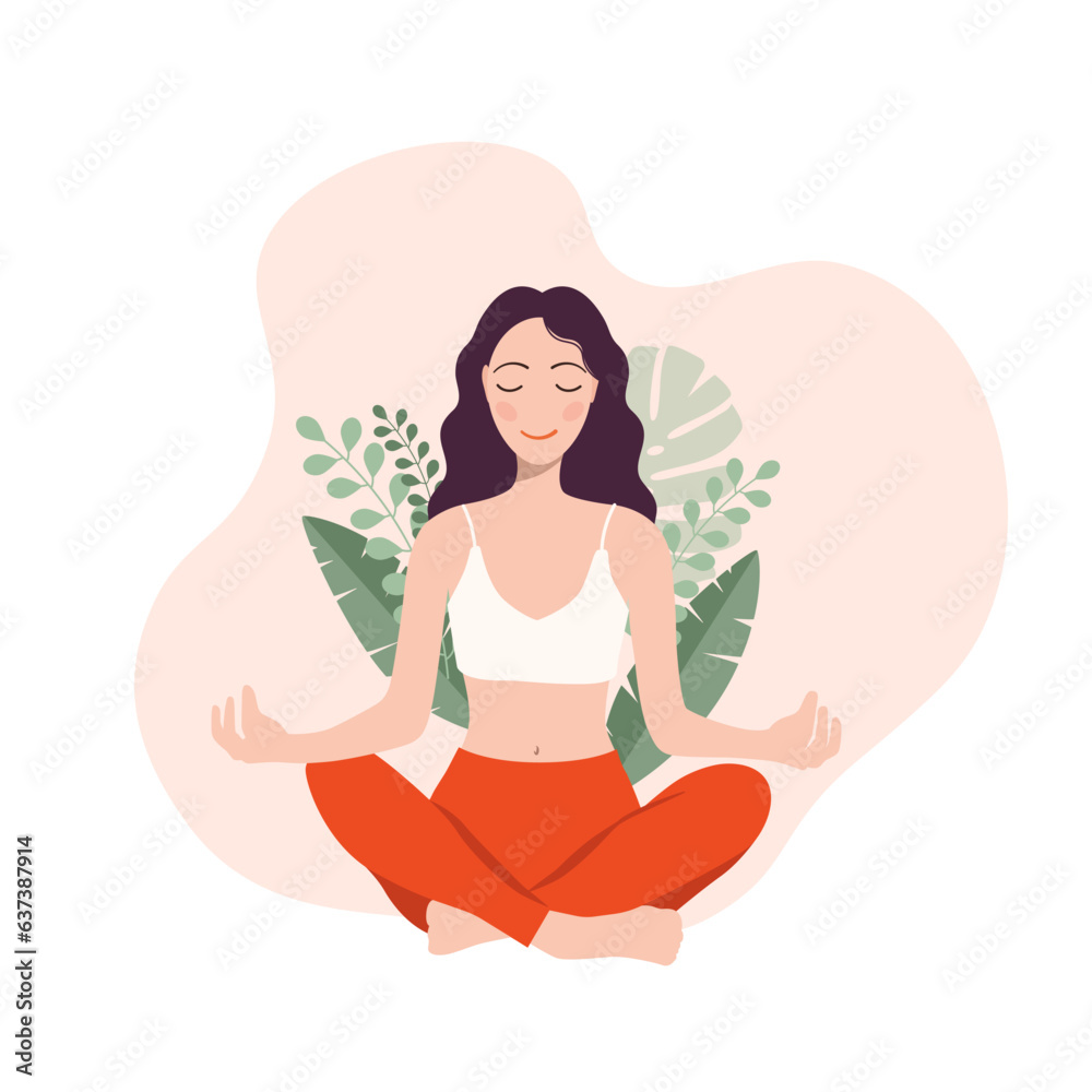 girl sits in a lotus position with an open mind and meditates on the background of tropical leaves. vector illustration. Yoga, meditation concept