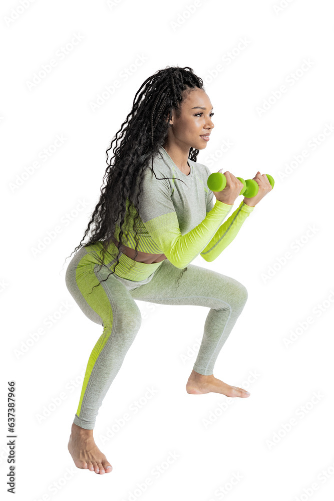 Woman squats with dumbbells trainer warm-up, healthy lifestyle, sportswear. A person performing a full-length cardio workout. Transparent background, png. Woman squats with dumbbells trainer warm-up, healthy lifestyle, sportswear. A person performing a full-length cardio workout. Transparent background, png.