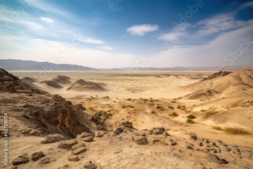 A barren desert landscape with rocky formations and vast stretches of sand
