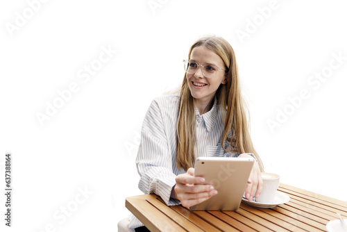 An office employee communicates online  a young woman works using a tablet.  Transparent background  png.