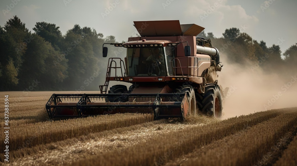 Fototapeta premium Grain harvesting. Combine harvester harvests in a wheat field. Agricultural field.