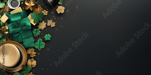 Saint Patrick's Day treasure chest filled with coins and glittery shamrocks. Green, gold, and silver beads blurred in the foreground.Irish festival symbol. Lucky concept.