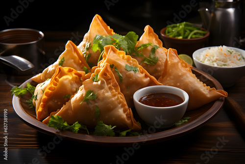 Keema Samosa Indian Appetizer served on colourful bowl 