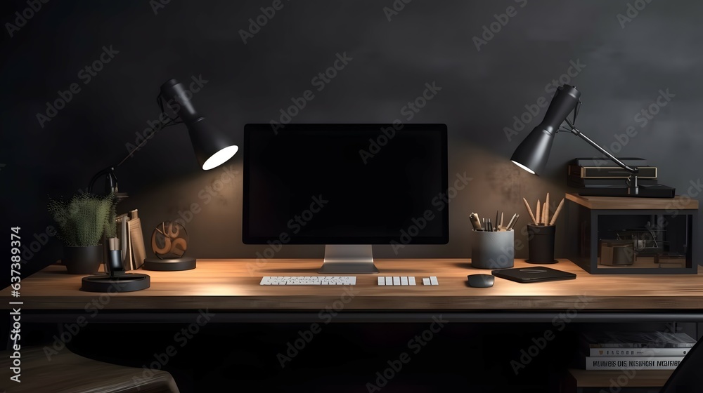 Workplace desk setup, Office Desk, Front view desk elements arrangement
