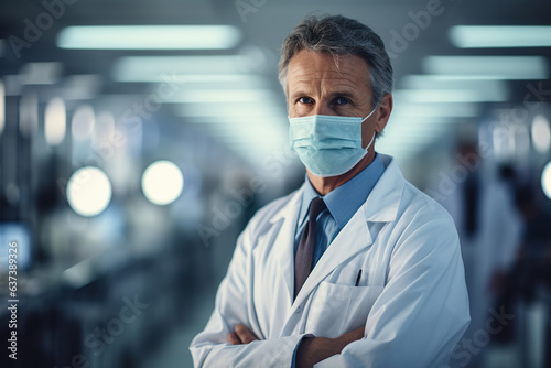 Confident senior male doctor in medical mask and white coat standing in hospital looking at camera, copy space. Medicine and healthcare theme
