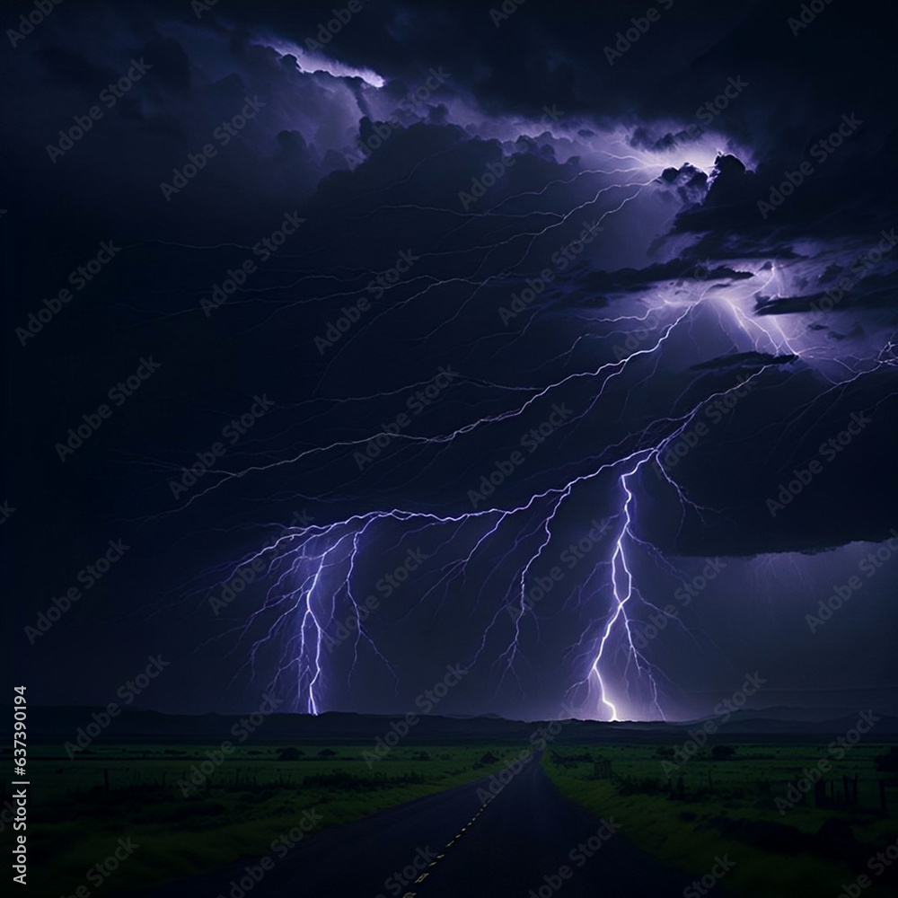 Dark cloudy lightning at night over a natural landscape