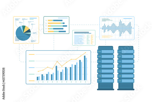 Data research, storage and monitoring with server system vector illustration. Cartoon isolated infographic chart with hardware equipment to upload and exchange information, monitor report analysis