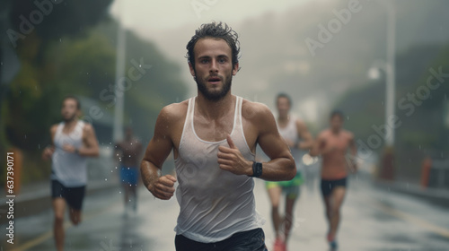 Male athlete runners running marathon on the road in the urban during rain fall and sunset.