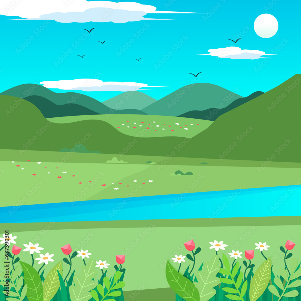 spring flower and river with mountains background