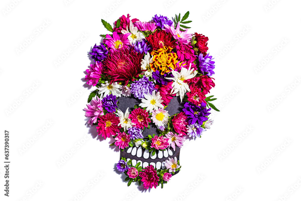 Paper human skull for Mexican Day of the Dead isolated on white. Colorful traditional flowers