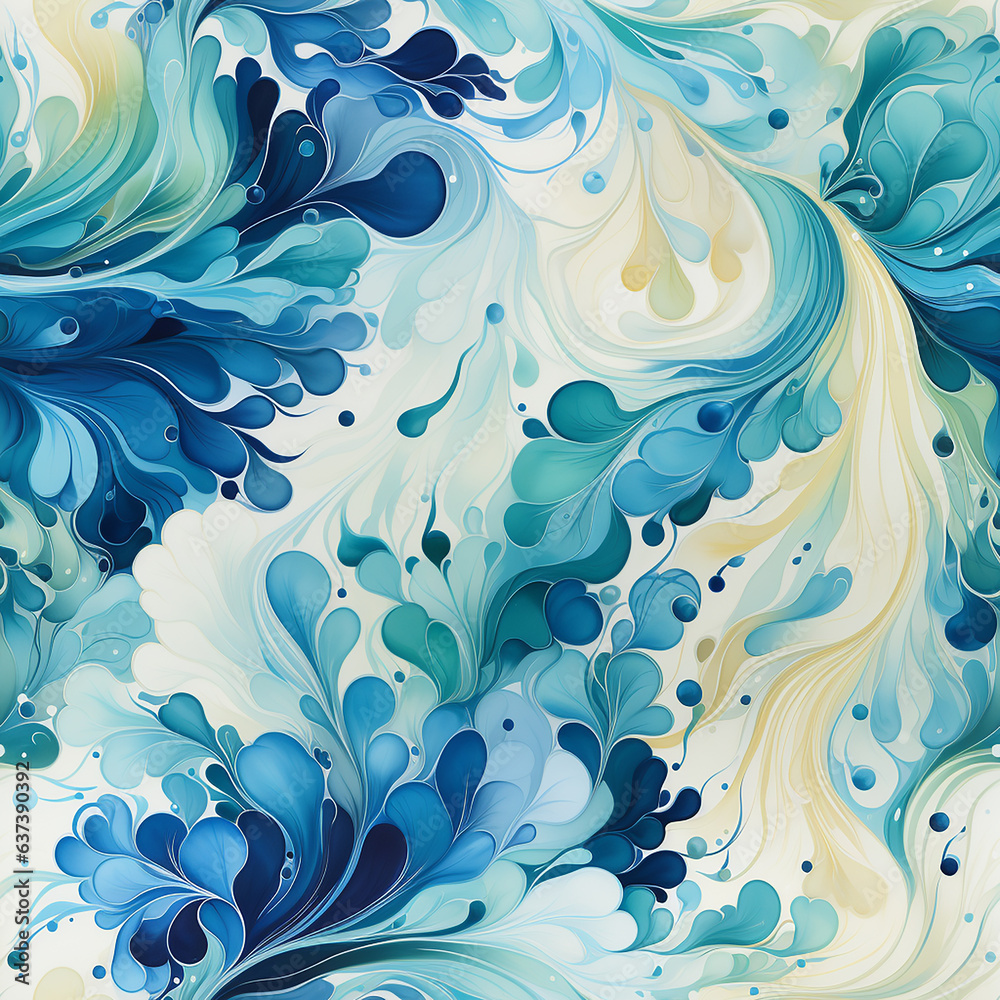 Seamless pattern blue watercolor blueberries scattered amidst swirling teal and turquoise brushstrokes. Seamless pattern blue watercolor blueberries scattered amidst swirling teal and turquoise brushstrokes.