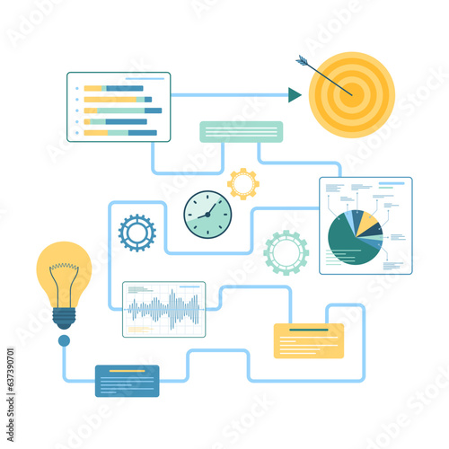 Timeline of project development and business growth vector illustration. Cartoon isolated infographic steps to reach goal, progress path with diagram report, documents, voice message elements