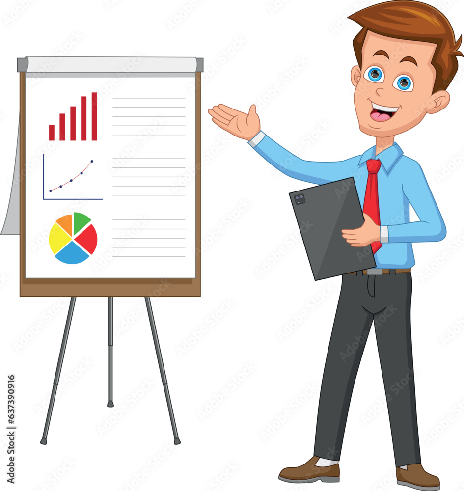 Young businessman shows presentation of business project with graphs and charts Young businessman shows presentation of business project with graphs and charts