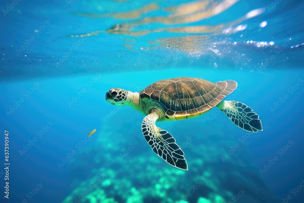 Baby turtle swimming in the clear blue ocean its way to freedom created with generative ai Baby turtle swimming in the clear blue ocean its way to freedom created with generative ai