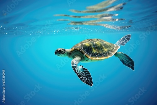 Baby turtle swimming in the clear blue ocean its way to freedom created with generative ai 