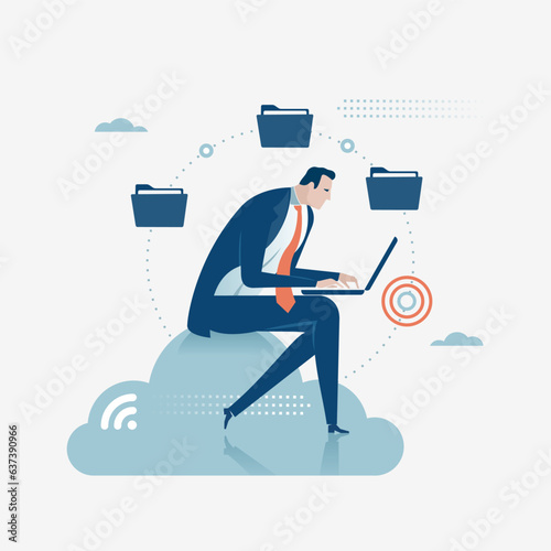 Cloud Backup. Networking. Businessman sits on a cloud with laptop on knees. Concept vector illustration.
