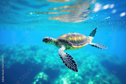 Baby turtle swimming in the clear blue ocean its way to freedom created with generative ai 