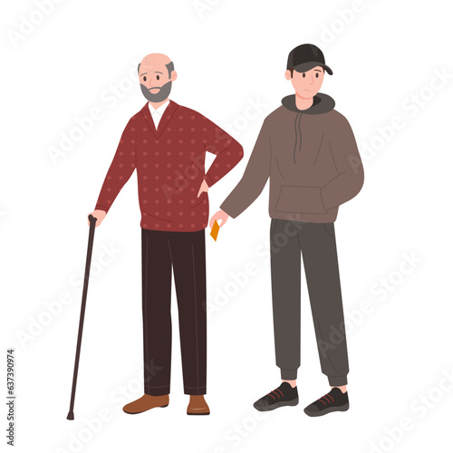 Theft from elderly person vector illustration. Cartoon isolated young male robber character in hoodie and baseball cap stealing credit card, wallet or mobile phone from pocket of old man with cane