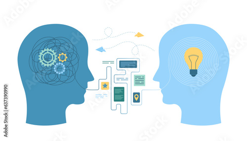 Creative help in difficult problem, understanding vector illustration. Cartoon isolated silhouettes of human heads with connection of messages and communications, process of unraveling tangled thread