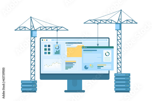 Web design development vector illustration. Cartoon isolated construction cranes build webpage with UI and content elements on computer monitor, construct and develop usability of new product