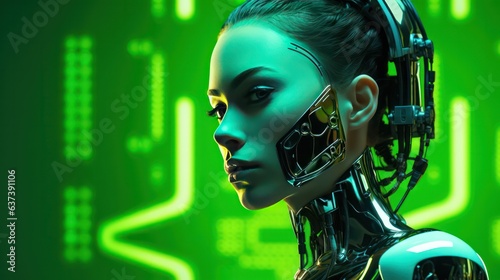 Beautiful android robot woman profile closeup on green neon background banner with copy space left. Artificial intelligence.