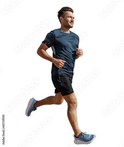 Runner male athlete jogging, full height. Uses sports shoes for running. Exercise fitness, smiling confident man in a T-shirt. Healthy lifestyle. Transparent background, PNG. photo