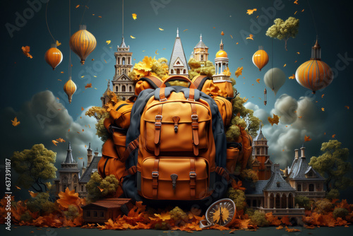 Huge orange backpack with fairy tale castle in the background.