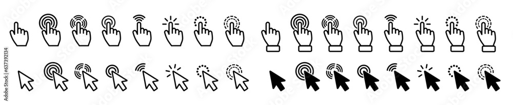 Cursor Icons.Clickable Cursor Icons: Pointer Mouse Cursor, Clicking Hand, Pointing Gestures - obrazy, fototapety, plakaty 