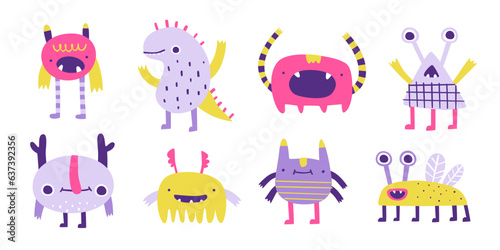 Set of freaky doodle monsters. Vector collection of abstract drawing beasts for kids. Weird cartoon monsters bundle.