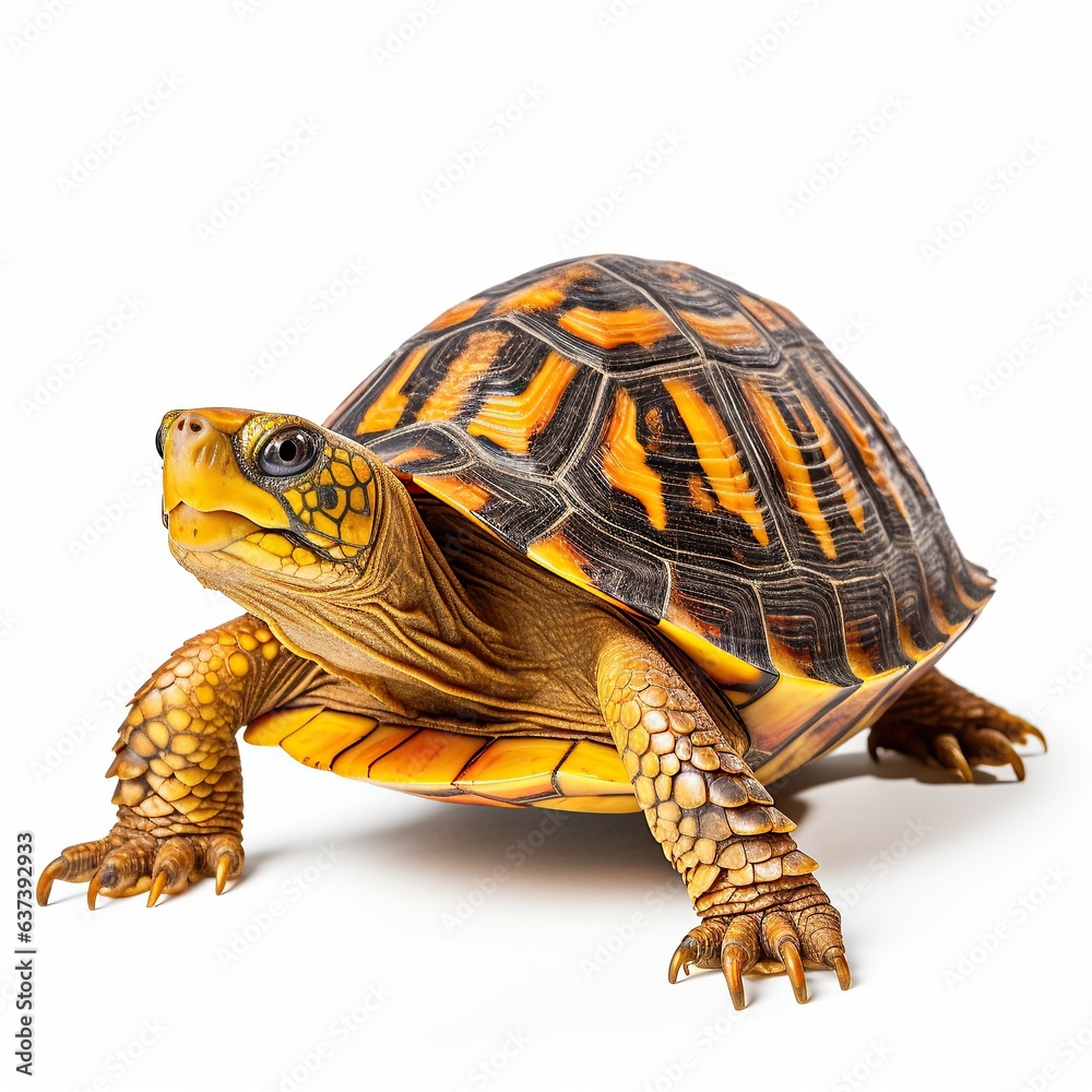 Obraz premium A turtle up close on a plain white background created with Generative AI technology