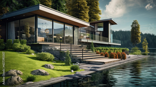 Modern glass house with stairs on a river, green landscape, modern architecture