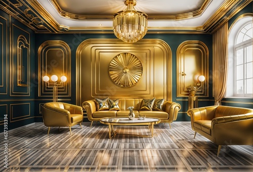 Fototapeta Retro style interior design with golden Art deco decoration