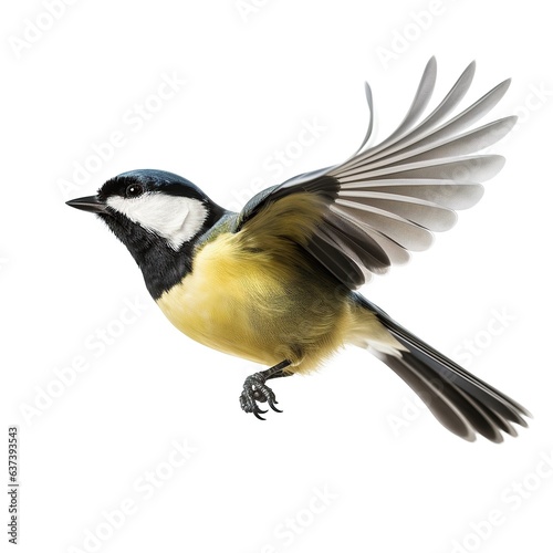 A small Great tit bird in flight with wings spread created with Generative AI technology