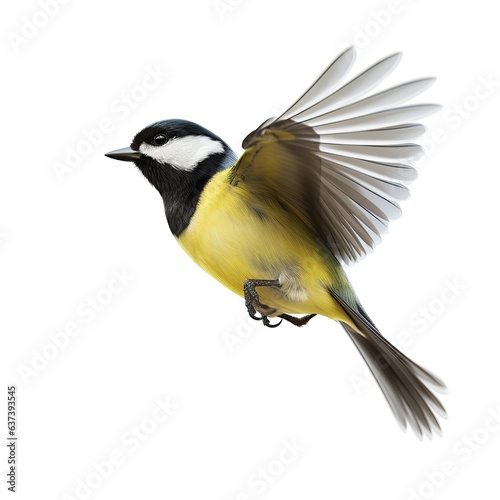 A vibrant yellow and black Great tit bird soaring through the sky created with Generative AI technology
