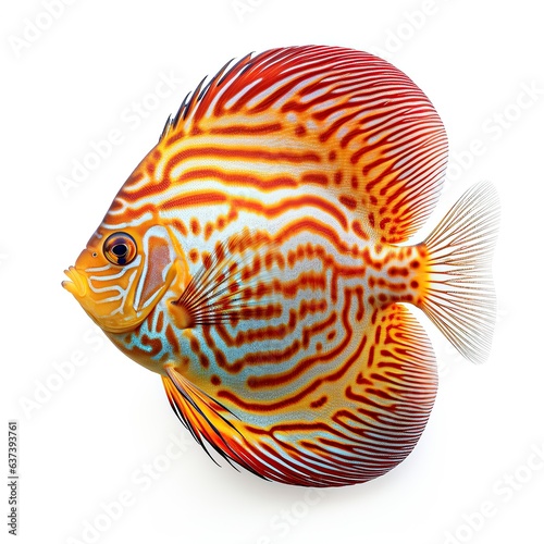 A vibrant red and yellow Discus fish swimming gracefully against a pristine white backdrop created with Generative AI technology