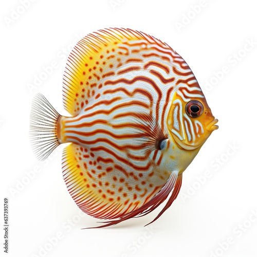 A vibrant yellow and red Discus fish swimming against a clean white background created with Generative AI technology
