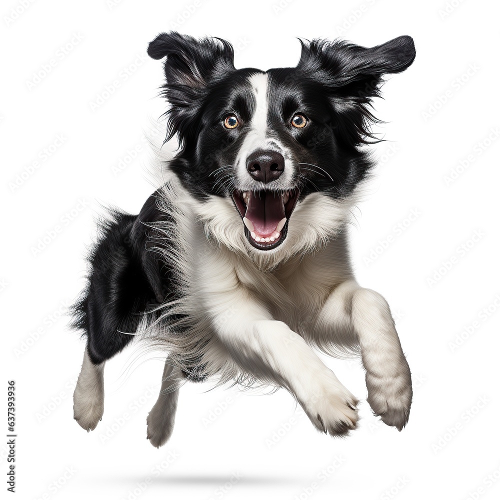 A lively black and white Border Collie dog leaping through the air created with Generative AI technology