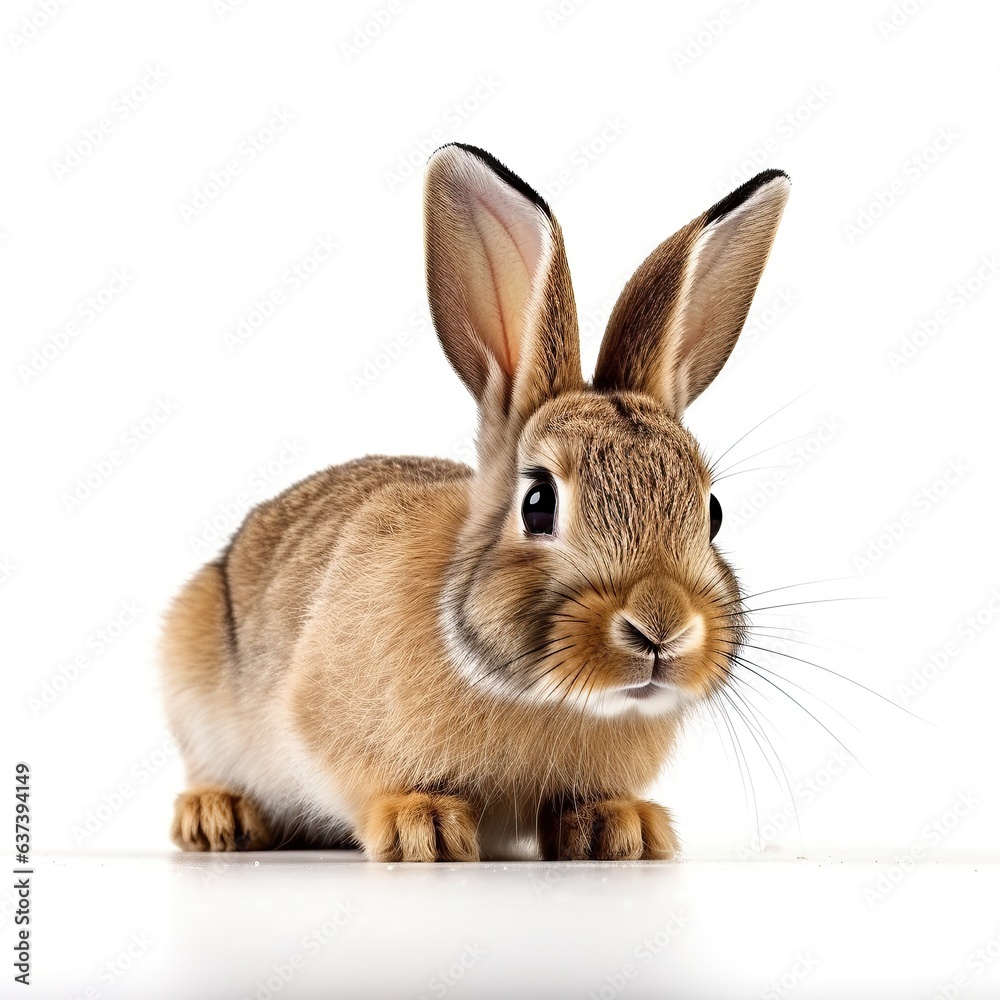 Fototapeta premium A cute brown rabbit sitting on a white floor created with Generative AI technology